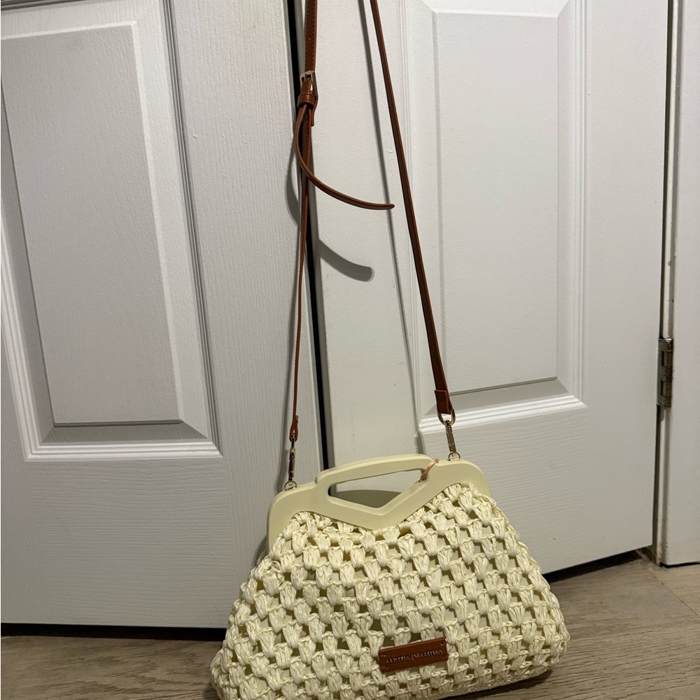 Cream and Tan Crossbody Bag with Woven Design by Allesia Massimo in Sicley Italy